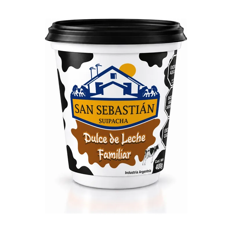 Dulce de Leche Familiar San Sebastián en pote de 400 g, con tapa negra